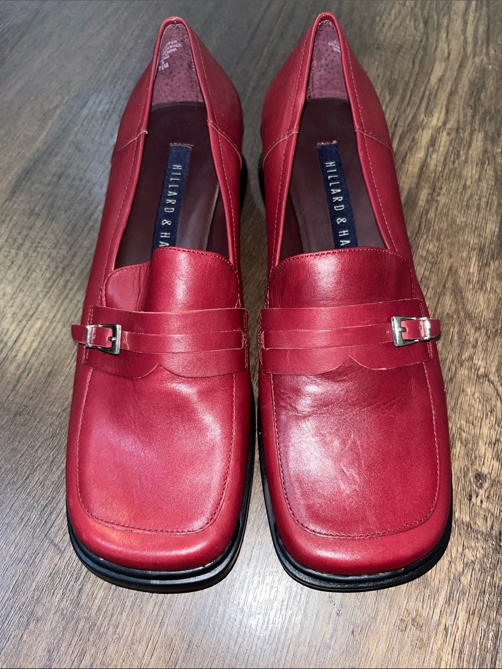 Hillard & Hanson Red Leather Slip-On Loafers with Silver Buckle size 7.5